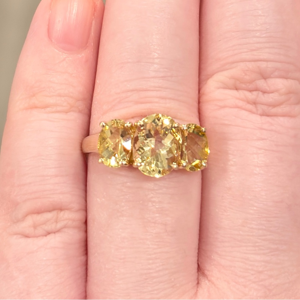 14K Golden Yellow Scapolite Ring Three Stone Oval Rose Cut 6.25 Clyde Duneier - Picture 5 of 16